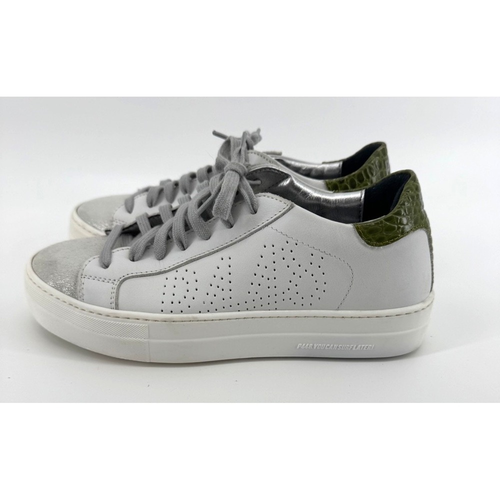 P448 John White silver Leather Sneakers Green Croc Heel 38 clean girl streetwear